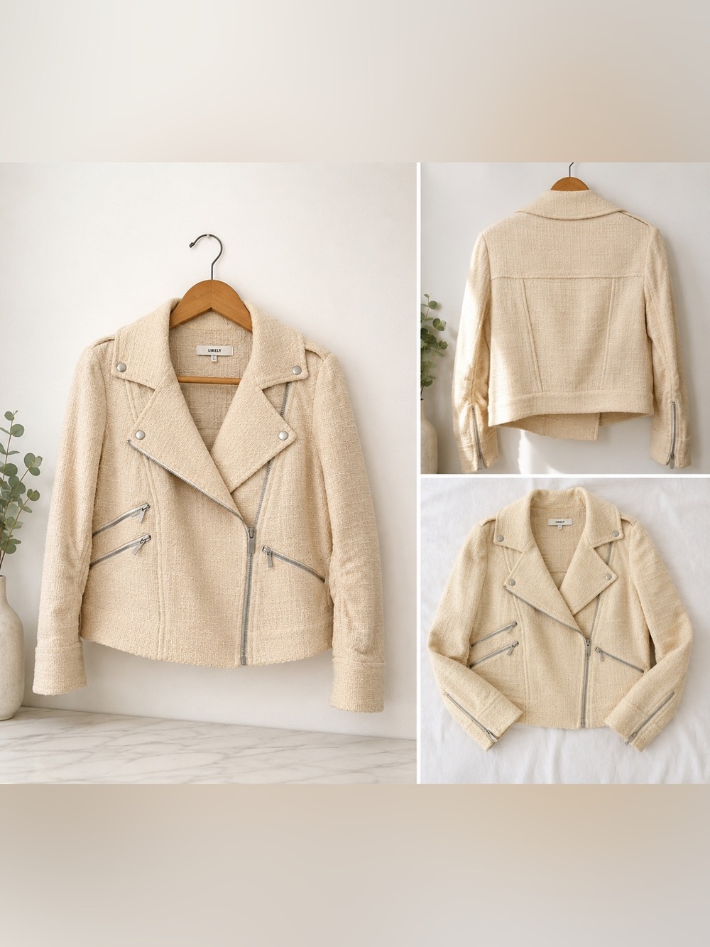 Likely Cream Tweed Moto-Style Blazer Jacket
